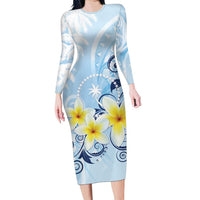 FSM Chuuk Constitution Day Family Matching Long Sleeve Bodycon Dress and Hawaiian Shirt Polynesian Curves Plumeria LT05 Mom's Dress Blue - Polynesian Pride