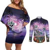 Happy Hulaween Couples Matching Off Shoulder Short Dress and Long Sleeve Button Shirt Mahaloween Skeleton Dancing