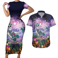 Happy Hulaween Couples Matching Short Sleeve Bodycon Dress and Hawaiian Shirt Mahaloween Skeleton Dancing LT05 Purple - Polynesian Pride