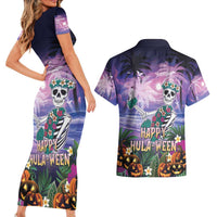 Happy Hulaween Couples Matching Short Sleeve Bodycon Dress and Hawaiian Shirt Mahaloween Skeleton Dancing LT05 - Polynesian Pride