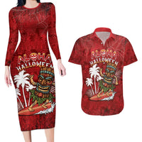 Personalised Aloha Halloween Couples Matching Long Sleeve Bodycon Dress and Hawaiian Shirt Skeleton Surfing LT05 Red - Polynesian Pride