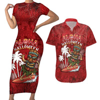 Personalised Aloha Halloween Couples Matching Short Sleeve Bodycon Dress and Hawaiian Shirt Skeleton Surfing LT05 Red - Polynesian Pride