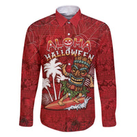 Personalised Aloha Halloween Family Matching Off The Shoulder Long Sleeve Dress and Hawaiian Shirt Skeleton Surfing LT05 Dad's Shirt - Long Sleeve Red - Polynesian Pride