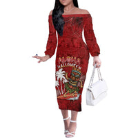 Personalised Aloha Halloween Family Matching Off The Shoulder Long Sleeve Dress and Hawaiian Shirt Skeleton Surfing LT05 Mom's Dress Red - Polynesian Pride