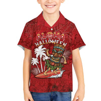 Personalised Aloha Halloween Family Matching Off The Shoulder Long Sleeve Dress and Hawaiian Shirt Skeleton Surfing LT05 Son's Shirt Red - Polynesian Pride