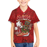 Personalised Aloha Halloween Family Matching Puletasi and Hawaiian Shirt Skeleton Surfing LT05 Son's Shirt Red - Polynesian Pride