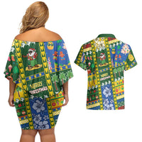 Solomon Islands Christmas Couples Matching Off Shoulder Short Dress and Hawaiian Shirt Festive Beach Vibes LT05 - Polynesian Pride