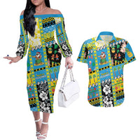 Tuvalu Christmas Couples Matching Off The Shoulder Long Sleeve Dress and Hawaiian Shirt Festive Beach Vibes LT05 Blue - Polynesian Pride
