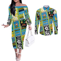 Tuvalu Christmas Couples Matching Off The Shoulder Long Sleeve Dress and Long Sleeve Button Shirt Festive Beach Vibes LT05 Blue - Polynesian Pride