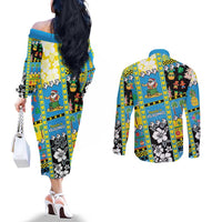 Tuvalu Christmas Couples Matching Off The Shoulder Long Sleeve Dress and Long Sleeve Button Shirt Festive Beach Vibes LT05 - Polynesian Pride