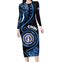 Personalized Northern Mariana Islands Family Matching Long Sleeve Bodycon Dress and Hawaiian Shirt Ocean Floral Pattern LT05 Mom's Dress Black - Polynesian Pride