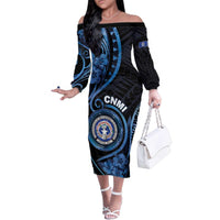Personalized Northern Mariana Islands Family Matching Off The Shoulder Long Sleeve Dress and Hawaiian Shirt Ocean Floral Pattern LT05 Mom's Dress Black - Polynesian Pride