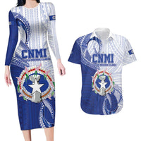 Personalized Northern Mariana Islands Couples Matching Long Sleeve Bodycon Dress and Hawaiian Shirt CNMI Seal LT05 Blue - Polynesian Pride