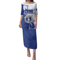 Personalized Northern Mariana Islands Family Matching Puletasi and Hawaiian Shirt CNMI Seal LT05 Mom's Dress Blue - Polynesian Pride