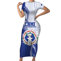 Personalized Northern Mariana Islands Family Matching Short Sleeve Bodycon Dress and Hawaiian Shirt CNMI Seal LT05 Mom's Dress Blue - Polynesian Pride