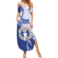Personalized Northern Mariana Islands Family Matching Summer Maxi Dress and Hawaiian Shirt CNMI Seal LT05 Mom's Dress Blue - Polynesian Pride