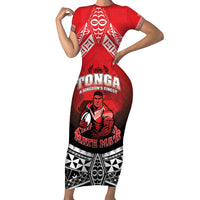 Custom Rugby Tonga MMT Family Matching Short Sleeve Bodycon Dress and Hawaiian Shirt Mana O Tonga LT05 Mom's Dress Red - Polynesian Pride