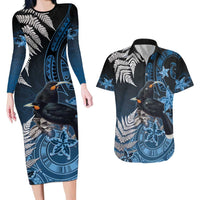 New Zealand Huia Bird Couples Matching Long Sleeve Bodycon Dress and Hawaiian Shirt Aotearoa Maori Pattern LT05 Navy - Polynesian Pride