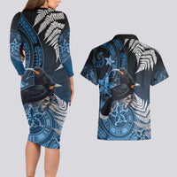 New Zealand Huia Bird Couples Matching Long Sleeve Bodycon Dress and Hawaiian Shirt Aotearoa Maori Pattern LT05 - Polynesian Pride