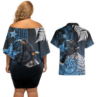 New Zealand Huia Bird Couples Matching Off Shoulder Short Dress and Hawaiian Shirt Aotearoa Maori Pattern LT05 - Polynesian Pride
