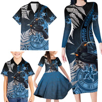 New Zealand Huia Bird Family Matching Long Sleeve Bodycon Dress and Hawaiian Shirt Aotearoa Maori Pattern LT05 - Polynesian Pride