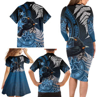 New Zealand Huia Bird Family Matching Long Sleeve Bodycon Dress and Hawaiian Shirt Aotearoa Maori Pattern LT05 - Polynesian Pride