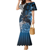 New Zealand Huia Bird Family Matching Mermaid Dress and Hawaiian Shirt Aotearoa Maori Pattern LT05 Mom's Dress Navy - Polynesian Pride