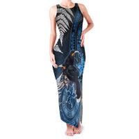 New Zealand Huia Bird Family Matching Tank Maxi Dress and Hawaiian Shirt Aotearoa Maori Pattern LT05 Mom's Dress Navy - Polynesian Pride