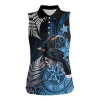 New Zealand Huia Bird Women Sleeveless Polo Shirt Aotearoa Maori Pattern LT05 Female Navy - Polynesian Pride