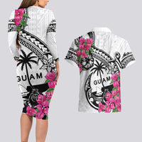 Guam Chamorro Couples Matching Long Sleeve Bodycon Dress and Hawaiian Shirt Bougainvillea White Polynesian Tribal Pattern LT05 - Polynesian Pride