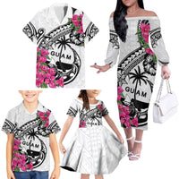 Guam Chamorro Family Matching Off The Shoulder Long Sleeve Dress and Hawaiian Shirt Bougainvillea White Polynesian Tribal Pattern LT05 - Polynesian Pride