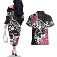 Guam Chamorro Couples Matching Off The Shoulder Long Sleeve Dress and Hawaiian Shirt Bougainvillea Black Polynesian Tribal Pattern LT05 - Polynesian Pride