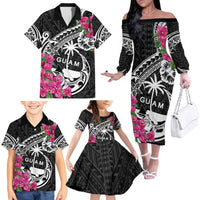 Guam Chamorro Family Matching Off The Shoulder Long Sleeve Dress and Hawaiian Shirt Bougainvillea Black Polynesian Tribal Pattern LT05 - Polynesian Pride