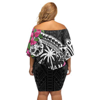 Guam Chamorro Family Matching Off Shoulder Short Dress and Hawaiian Shirt Bougainvillea Black Polynesian Tribal Pattern LT05 - Polynesian Pride