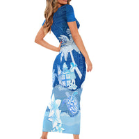 Personalised Bula Fiji Family Matching Short Sleeve Bodycon Dress and Hawaiian Shirt Fijian Masi Pattern With Blue Coat Of Arms LT05 - Polynesian Pride
