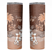 Bula Fiji Skinny Tumbler Fijian Masi Pattern With Brown Coat Of Arms LT05 Brown - Polynesian Pride