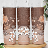 Bula Fiji Skinny Tumbler Fijian Masi Pattern With Brown Coat Of Arms LT05 - Polynesian Pride