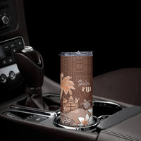 Bula Fiji Skinny Tumbler Fijian Masi Pattern With Brown Coat Of Arms LT05 - Polynesian Pride