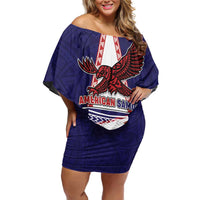 Personalised American Samoa Flag Day Family Matching Off Shoulder Short Dress and Hawaiian Shirt Flag Style LT05 Mom's Dress Blue - Polynesian Pride