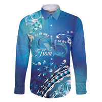 Polynesia Autism Awareness Family Matching Mermaid Dress and Hawaiian Shirt Be In Awe Of My 'Tism LT05 Dad's Shirt - Long Sleeve Blue - Polynesian Pride