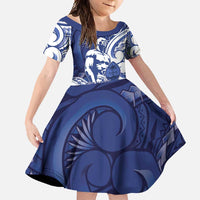 Guam Chief Kepuha Family Matching Off Shoulder Maxi Dress and Hawaiian Shirt Chamorro Pride LT05 Daughter's Dress Blue - Polynesian Pride