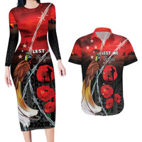 Papua New Guinea Remembrance Day Couples Matching Long Sleeve Bodycon Dress and Hawaiian Shirt Lest We Forget LT05 Red - Polynesian Pride