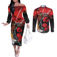 Papua New Guinea Remembrance Day Couples Matching Off The Shoulder Long Sleeve Dress and Long Sleeve Button Shirt Lest We Forget LT05 Red - Polynesian Pride