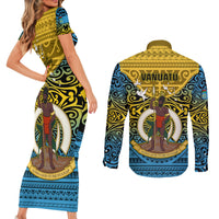 Vanuatu Sanma Province Couples Matching Short Sleeve Bodycon Dress and Long Sleeve Button Shirts Coat Of Arms And Namele Fern Polynesian Pattern LT05 - Polynesian Pride