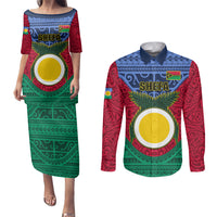 Vanuatu Shefa Province Couples Matching Puletasi Dress and Long Sleeve Button Shirts Coat Of Arms And Namele Fern Polynesian Pattern LT05 Red - Polynesian Pride