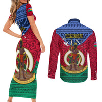 Vanuatu Shefa Province Couples Matching Short Sleeve Bodycon Dress and Long Sleeve Button Shirts Coat Of Arms And Namele Fern Polynesian Pattern LT05 - Polynesian Pride