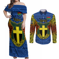Vanuatu Tafea Province Couples Matching Off Shoulder Maxi Dress and Long Sleeve Button Shirts Coat Of Arms And Namele Fern Polynesian Pattern LT05 Blue - Polynesian Pride