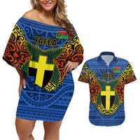 Personalized Vanuatu Tafea Province Couples Matching Off Shoulder Short Dress and Hawaiian Shirt Coat Of Arms And Namele Fern Polynesian Pattern LT05 Blue - Polynesian Pride