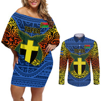 Personalized Vanuatu Tafea Province Couples Matching Off Shoulder Short Dress and Long Sleeve Button Shirts Coat Of Arms And Namele Fern Polynesian Pattern LT05 Blue - Polynesian Pride