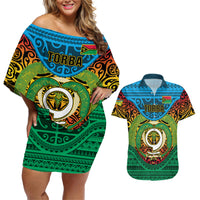 Vanuatu Torba Province Couples Matching Off Shoulder Short Dress and Hawaiian Shirt Vanuatuan Coat Of Arms Polynesian Pattern LT05 Green - Polynesian Pride